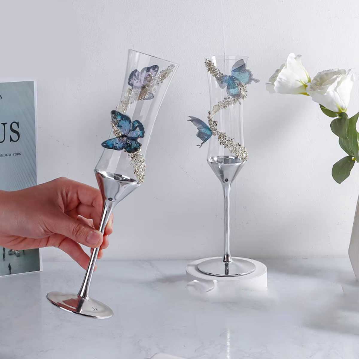 Champagne Flute Pair - Kelebek Şampanya Kadehi Elektrokaplama Ev Tipi